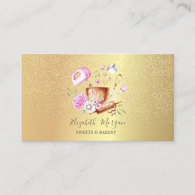 Carte De Visite Outils de boulangerie Fleurs Rose Gold Confetti (Devant)