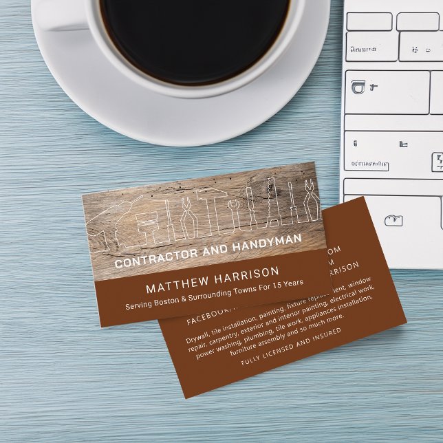Carte De Visite Outils de bricoleur de construction rustique en bo (Rustic Construction Handyman Tools Wood Business Card)