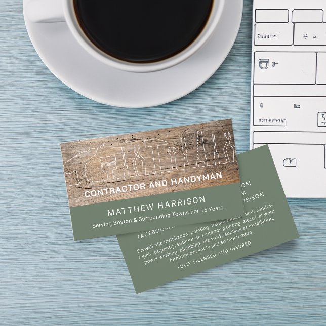 Carte De Visite Outils de Manoeuvre de Construction Rustique en Bo (Rustic Construction Handyman Tools Wood Business Card)