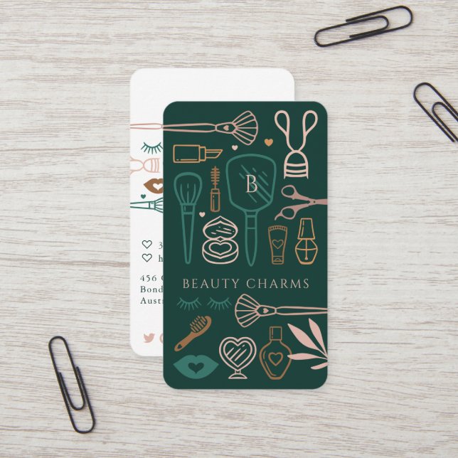 Carte De Visite Outils de Maquillage Charms de Beauté de Luxe Vert (Devant/Arrière en situation)