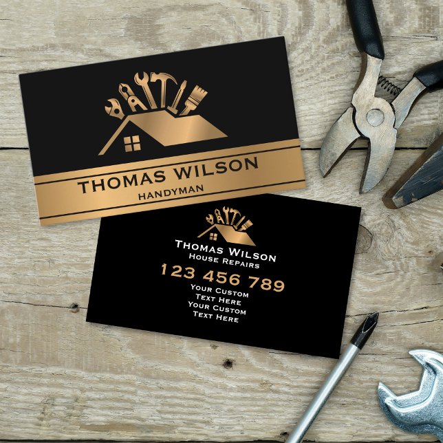 Carte De Visite Outils de menuiserie de construction professionnel (gold roof with handyman tools logo design)
