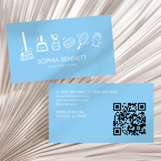 Carte De Visite Outils de nettoyage mignons bleus Code QR personna