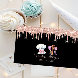 Carte De Visite Outils de pâtisserie Fleurs Rose Gold Drips Cheef