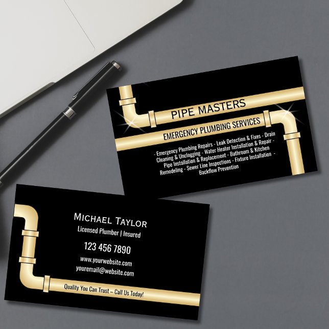 Carte De Visite Outils de plomberie pour tuyaux de plomberie pour  (plumbing pipes in gold color on the black background business cards)