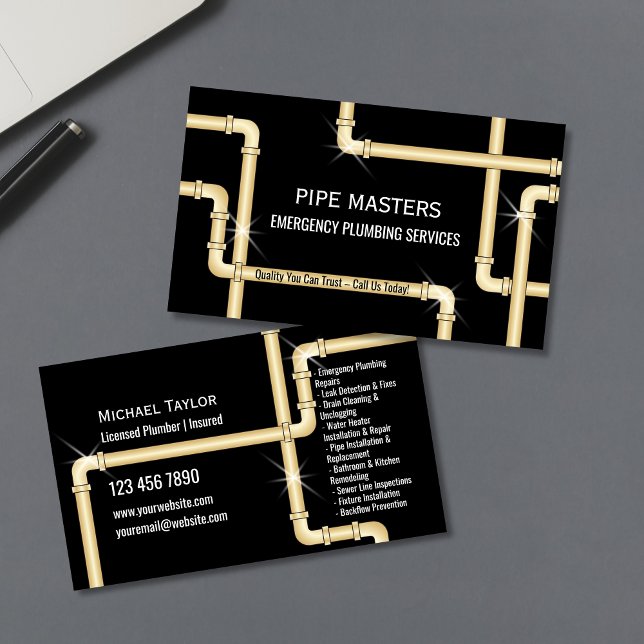 Carte De Visite Outils de plomberie pour tuyaux de plomberie profe (plumbing pipes in gold color on the black background business cards)