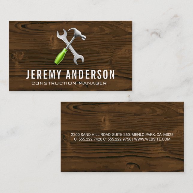 Carte De Visite Outils du marteau à clé | Arrière - plan de bois (Devant / Derrière)