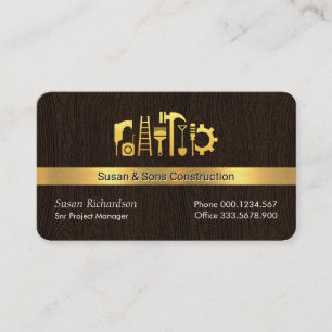 Carte De Visite Outils Gold Handyman sur couche de bois