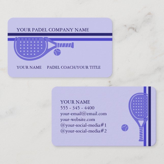 Carte De Visite Padel Business Card-Sleek Padel Style–Blue Lilac (Devant / Derrière)