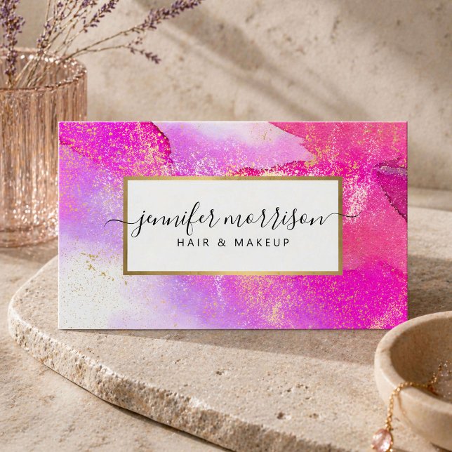 Carte De Visite Pailleté Écriture Fuchsia Aquarelle Faux Poussière (Créateur téléchargé)
