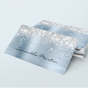 Carte De Visite Pailleté Faux Argent Paillettes Clair Bleu Feuille
