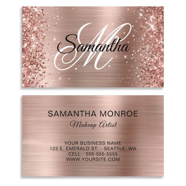 Carte De Visite Pailleté Monogramme Feuille d'Or Rose Fantaisie (Glittery Rose Gold Foil Fancy Monogram Business Cards)