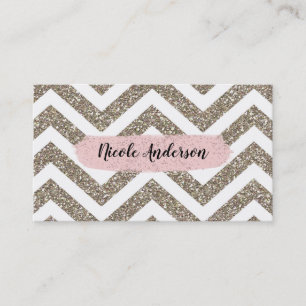 Carte De Visite Pailleté Rose Chevron Blanc Or Brosse Moderne Glam