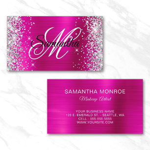 Carte De Visite Paillettes Argent Monogramme Fantaisie Rose Chaud 