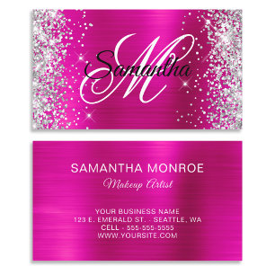 Carte De Visite Paillettes Argent Monogramme Fantaisie Rose Chaud