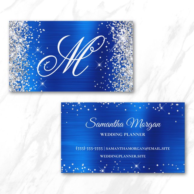 Carte De Visite Paillettes Argentées Bleu Royal Feuille Monogramme (Silver Glitter Royal Blue Foil Fancy Monogrammed Business Card)