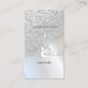 Carte De Visite Paillettes Argentées Modernes Bokeh, Guitare