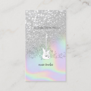 Carte De Visite Paillettes Argentées Modernes Bokeh, Guitare, Holo