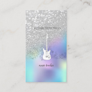 Carte De Visite Paillettes d'Argent Bokeh, Guitare, Holographique