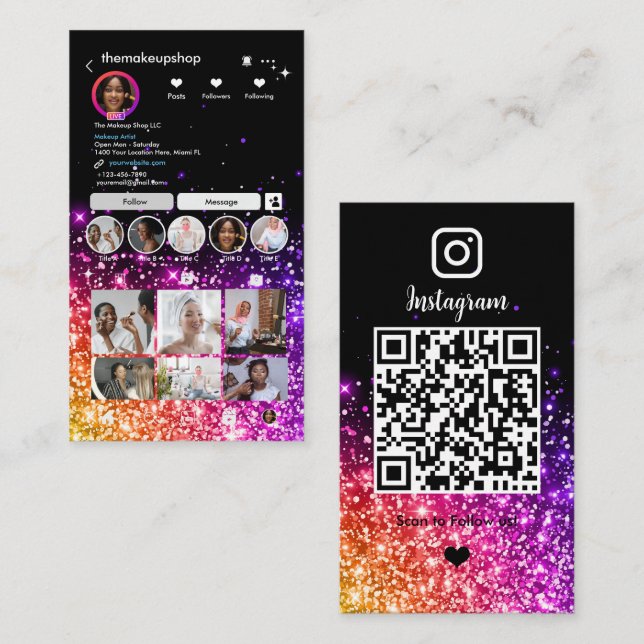 Carte De Visite Paillettes Violettes | Code QR Instagram (Devant / Derrière)