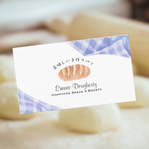 Carte De Visite Pain Bun aquarelle Gingham Bleu Rustique