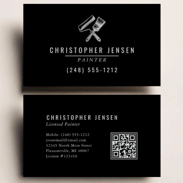 Carte De Visite Painter QR Code Painting Business Black Silver (Créateur téléchargé)