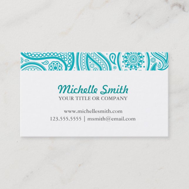 Carte De Visite Paisley floral blanc turquoise (Devant)
