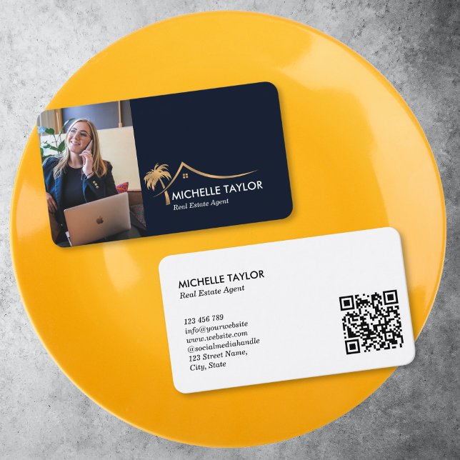 Carte De Visite Palm Coastal Property Real Estate Realtor Photo QR (GOLD PALM AND HOUSE ROOF REALTOR LOGO ON A NAVY BACKGROUND)