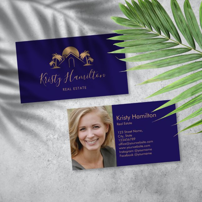 Carte De Visite palm tree immobilier maison professionnelle ajoute (gold palm tree house real estate logo business card)