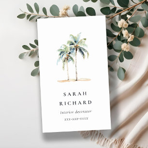 Carte De Visite Palmiers côtiers tropicaux Aquarelle Bleu Vert