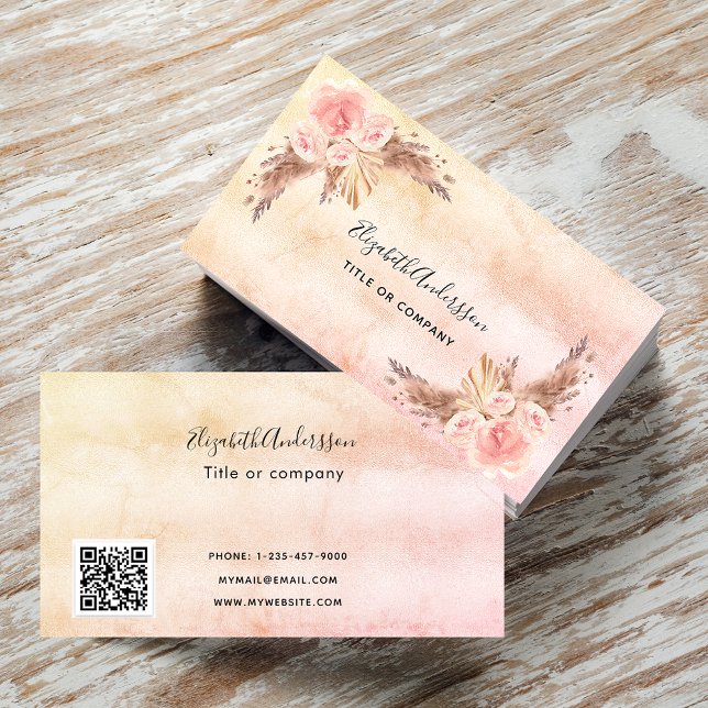 Carte De Visite Pampas herbe flush rose florales script QR code (Créateur téléchargé)