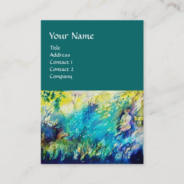 CARTE DE VISITE PAN JOUER FLUTE ET CERF EN BOIS VERT (Devant)