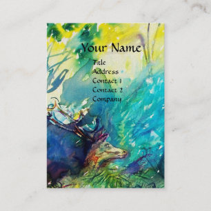 CARTE DE VISITE PAN JOUER FLUTE ET CERF EN BOIS VERT