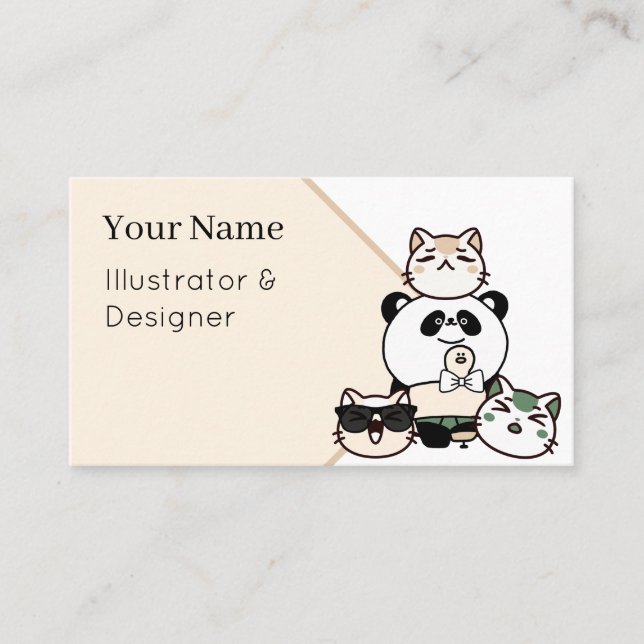 Carte De Visite Panda avec jambe prothétique et équipe de chats (Devant)