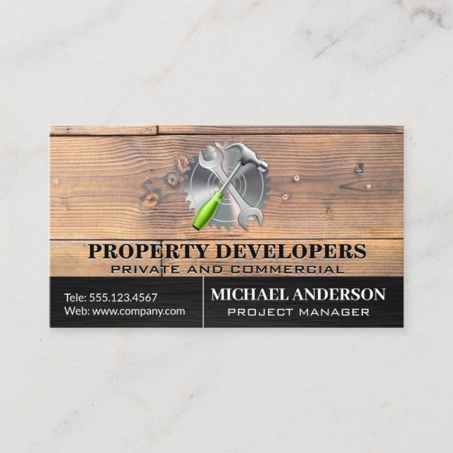 Carte De Visite Panneaux en bois | Marteau à clé sciée (Devant)