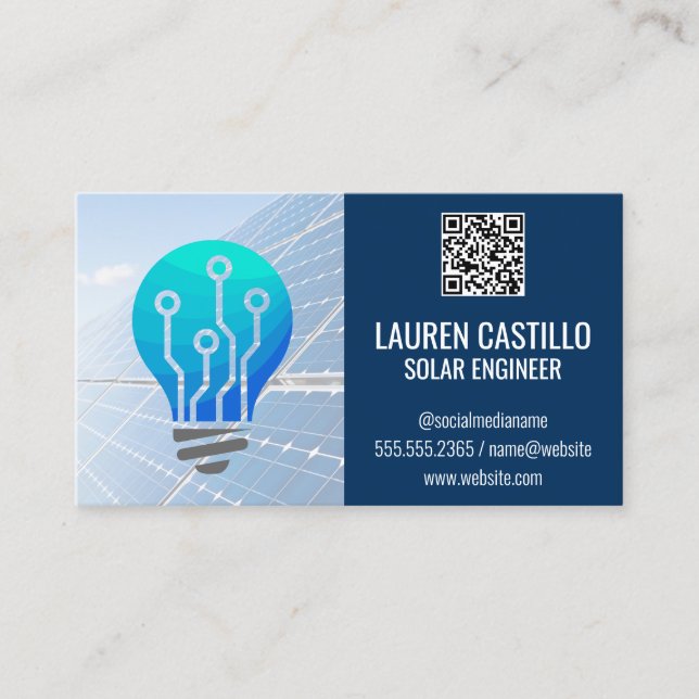 Carte De Visite Panneaux solaires | Ampoule | Code d'analyse QR (Devant)