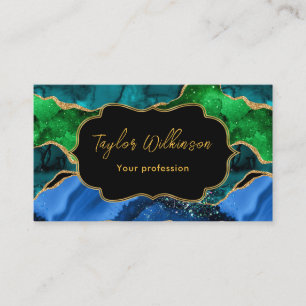 Carte De Visite Paon bleu et vert Faux Paillettes Agate