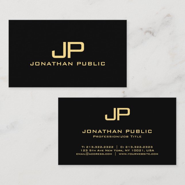 Carte De Visite Papier épais de luxe Monogram Black & Gold (Devant / Derrière)