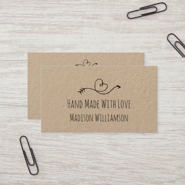 Carte De Visite Papier Kraft Fait Main Cœur Rustique De (Devant/Arrière en situation)
