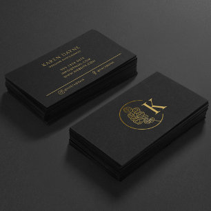 Carte De Visite Papier Luxueux Monogramme Floral Noir Or Minimal