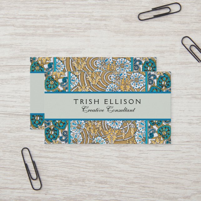 Carte De Visite papier peint bleu art nouveau cyclamen (Devant/Arrière en situation)