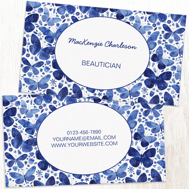 Carte De Visite Papillon (Indigo navy blue and white watercolor butterfly pattern custom modern business card)