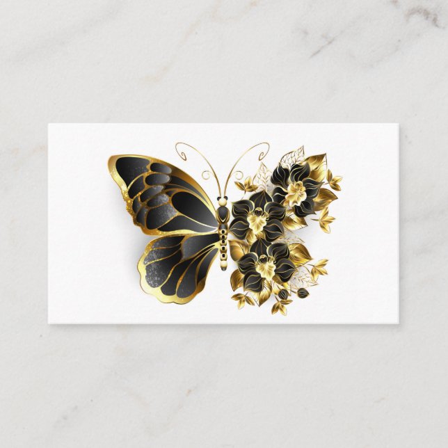 Carte De Visite Papillon à fleurs d'or avec orchidée noire (Devant)