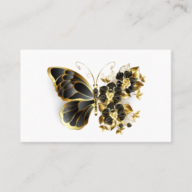 Carte De Visite Papillon à fleurs d'or avec orchidée noire (Devant)