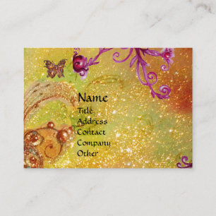 CARTE DE VISITE PAPILLON À PAILLETTES, TOURBILLONS JAUNE ROSE MONO
