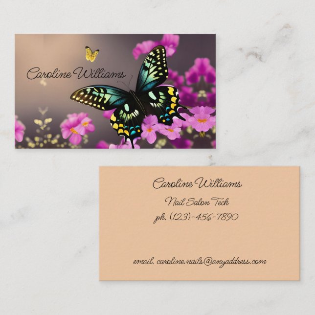 Carte De Visite Papillon à queue épaisse et fleurs roses (Devant / Derrière)