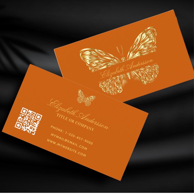 Carte De Visite Papillon brûlé orange or QR code élégant (Créateur téléchargé)