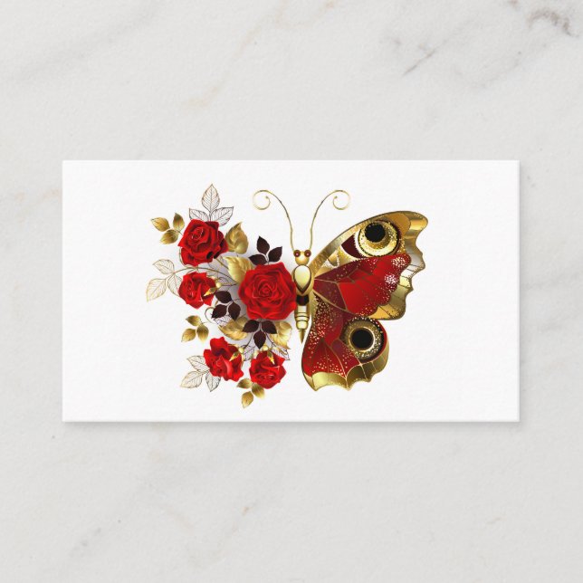 Carte De Visite Papillon de fleurs rouges aux roses rouges (Devant)