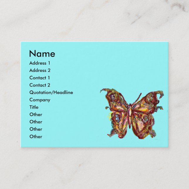 CARTE DE VISITE PAPILLON D'OR EN TURQUOISE BLEU, (Devant)