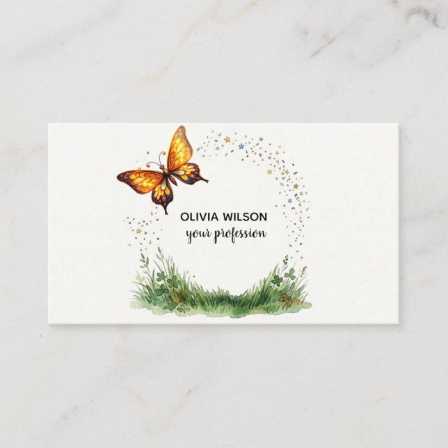 Carte De Visite Papillon doré dans une prairie magique (Devant)