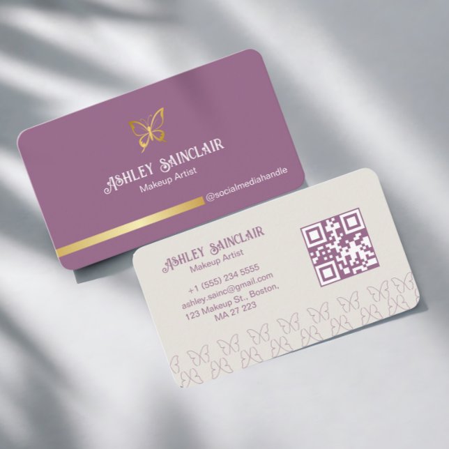 Carte De Visite Papillon doré girly Code QR Maquilleuse Violet (Créateur téléchargé)